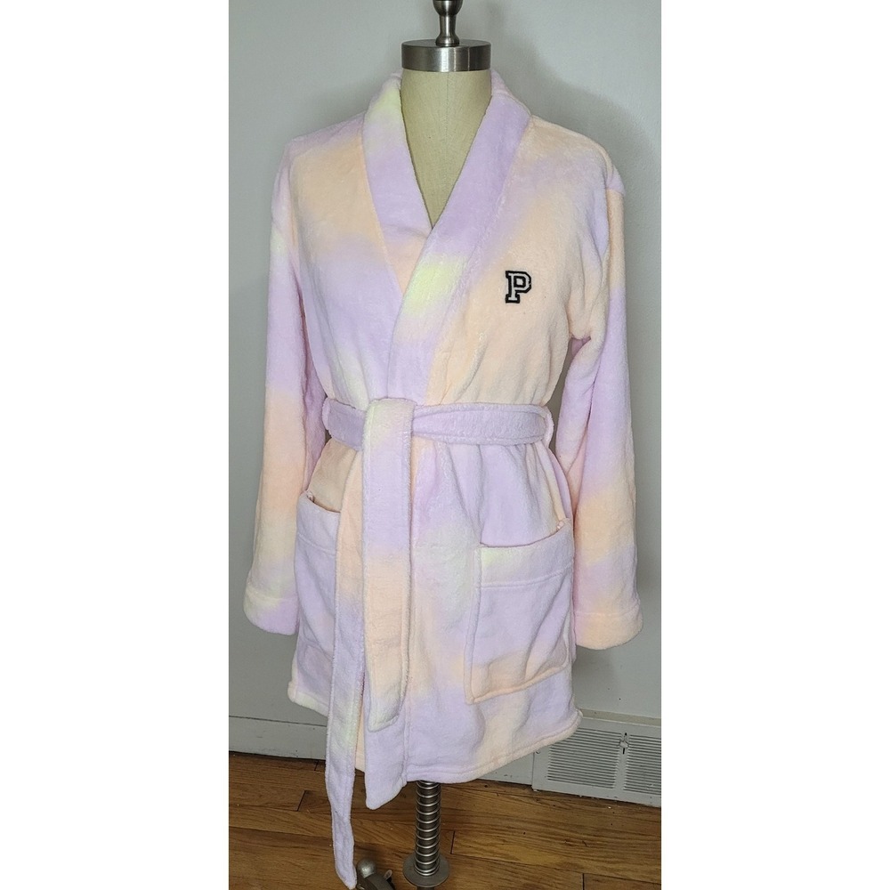 NWT Victorias Secret PINK Short Fleece Cozy Teddy Plush Robe Tie Dye Wrap XS/S